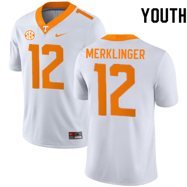 Youth #12 Jake Merklinger Tennessee Volunteers College Football Jerseys Stitched-White